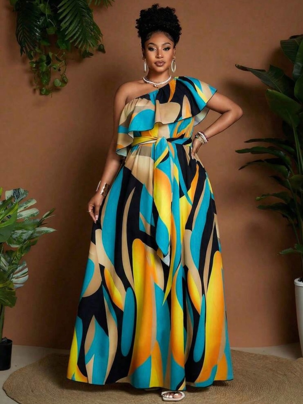 One-Shoulder Multicolor Maxi Dress - Blue/Yellow Print